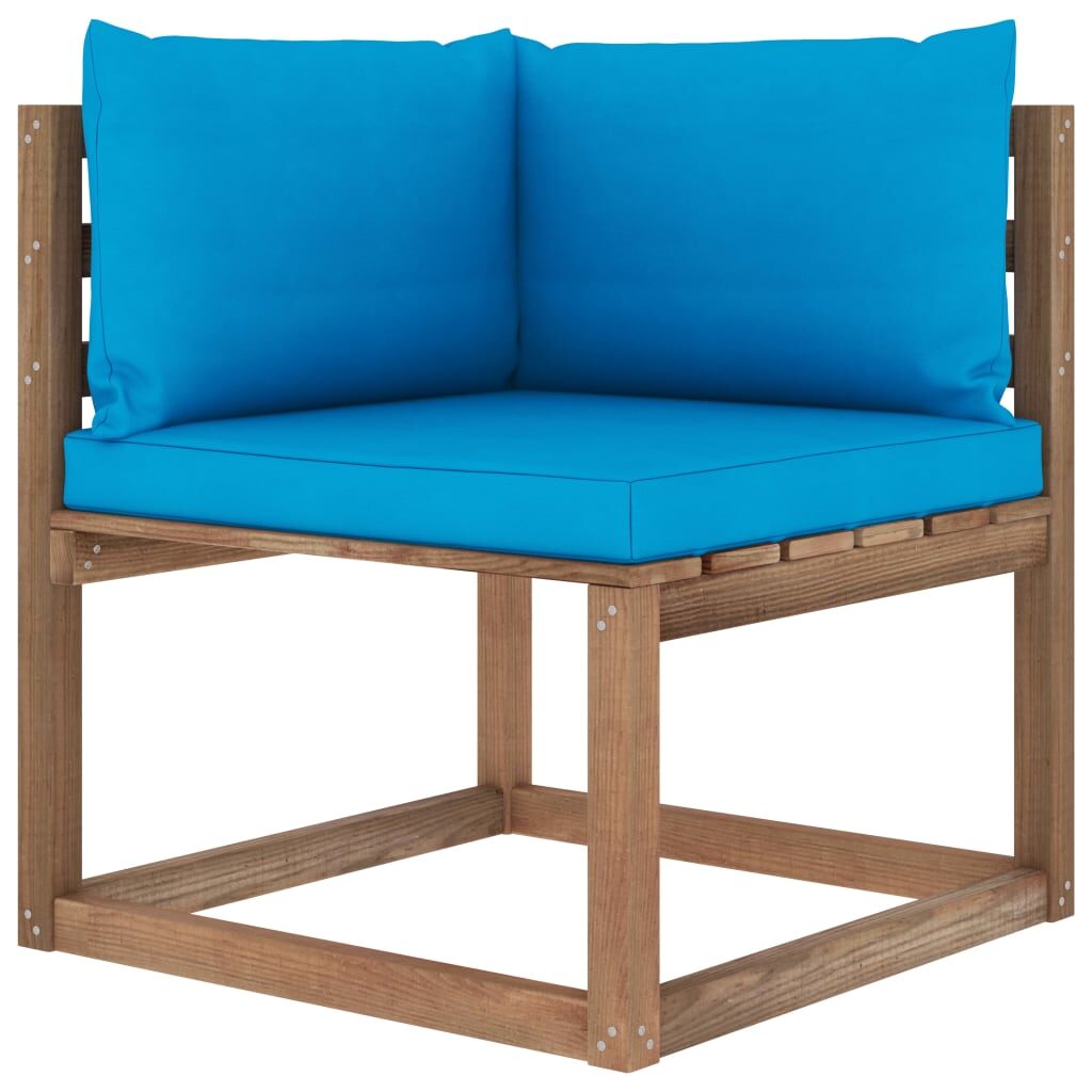Grande - Kampinė sodo sofa iš palečių su šviesiai mėlynomis pagalvėlėmis