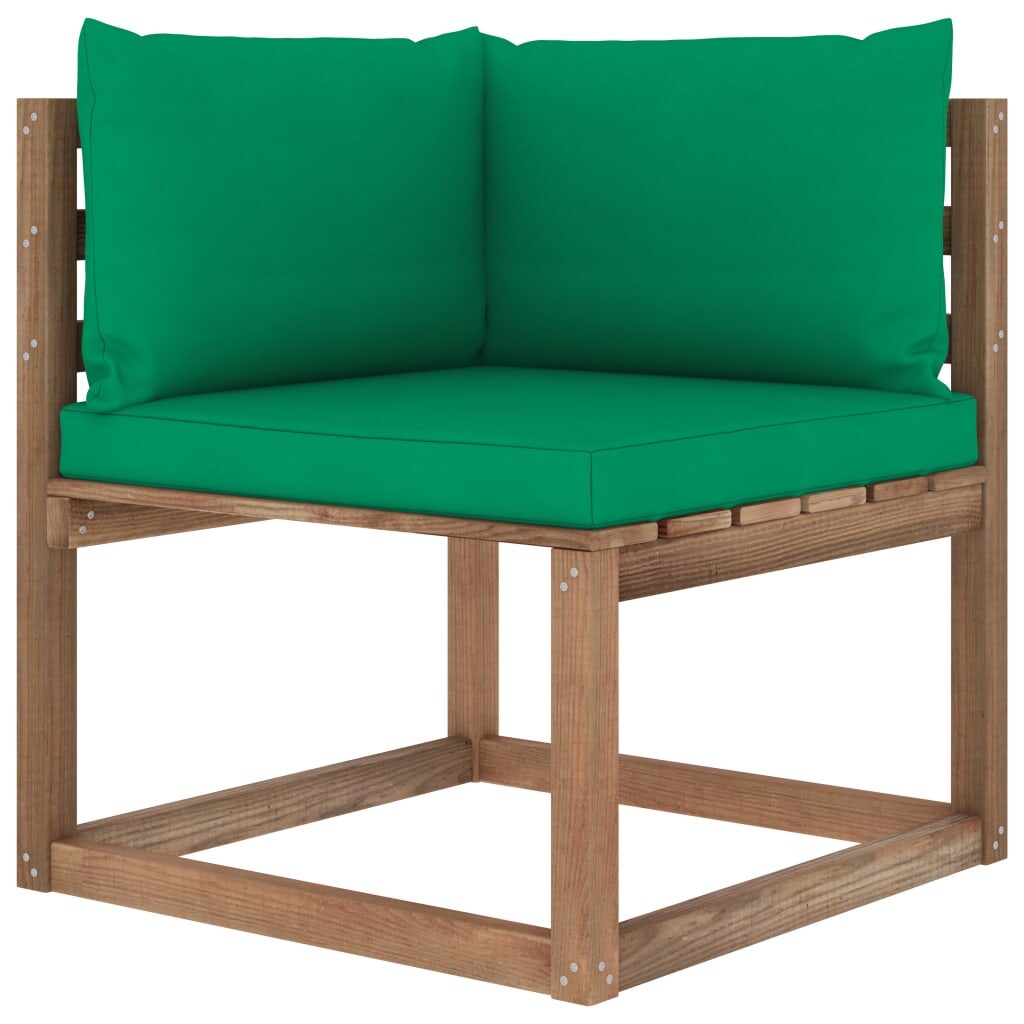 Grande - Kampinė sodo sofa iš palečių su žaliomis pagalvėlėmis