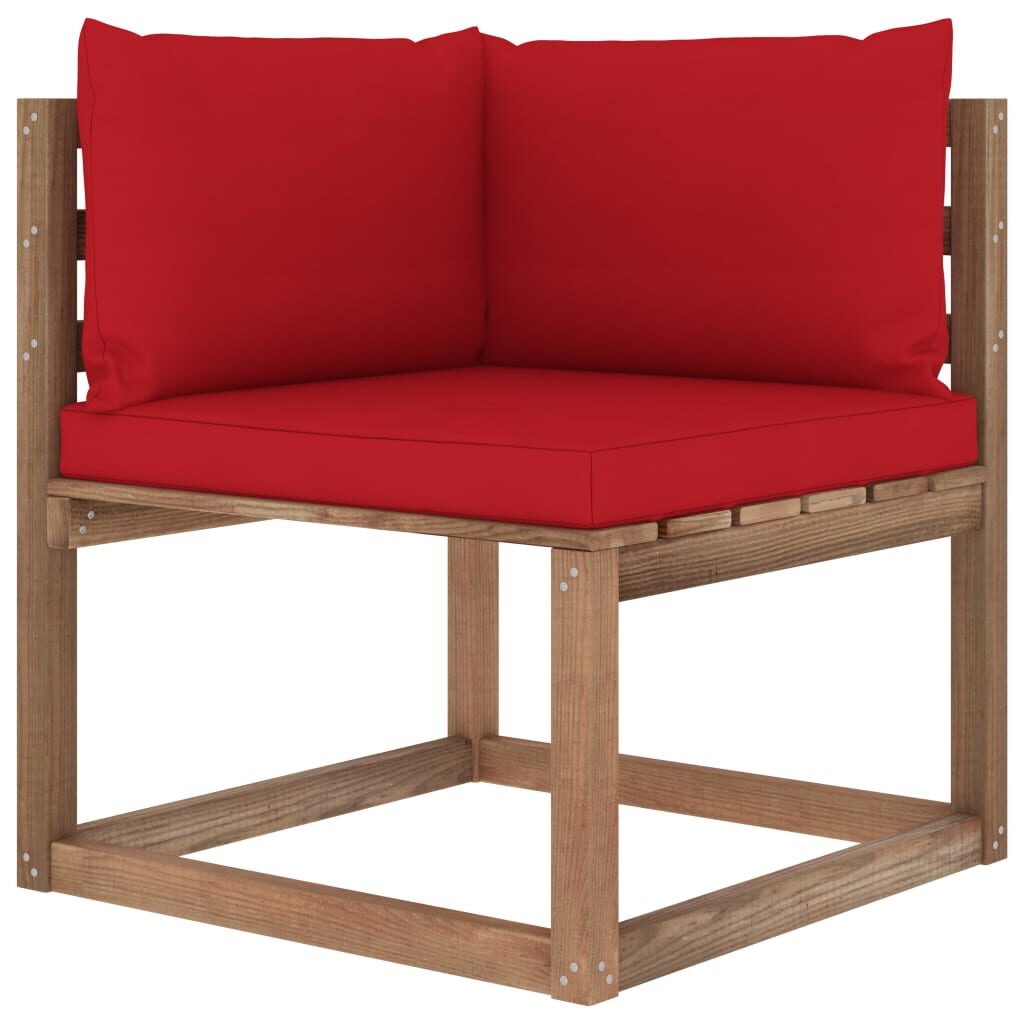 Grande - Kampinė sodo sofa iš palečių su raudonomis pagalvėlėmis