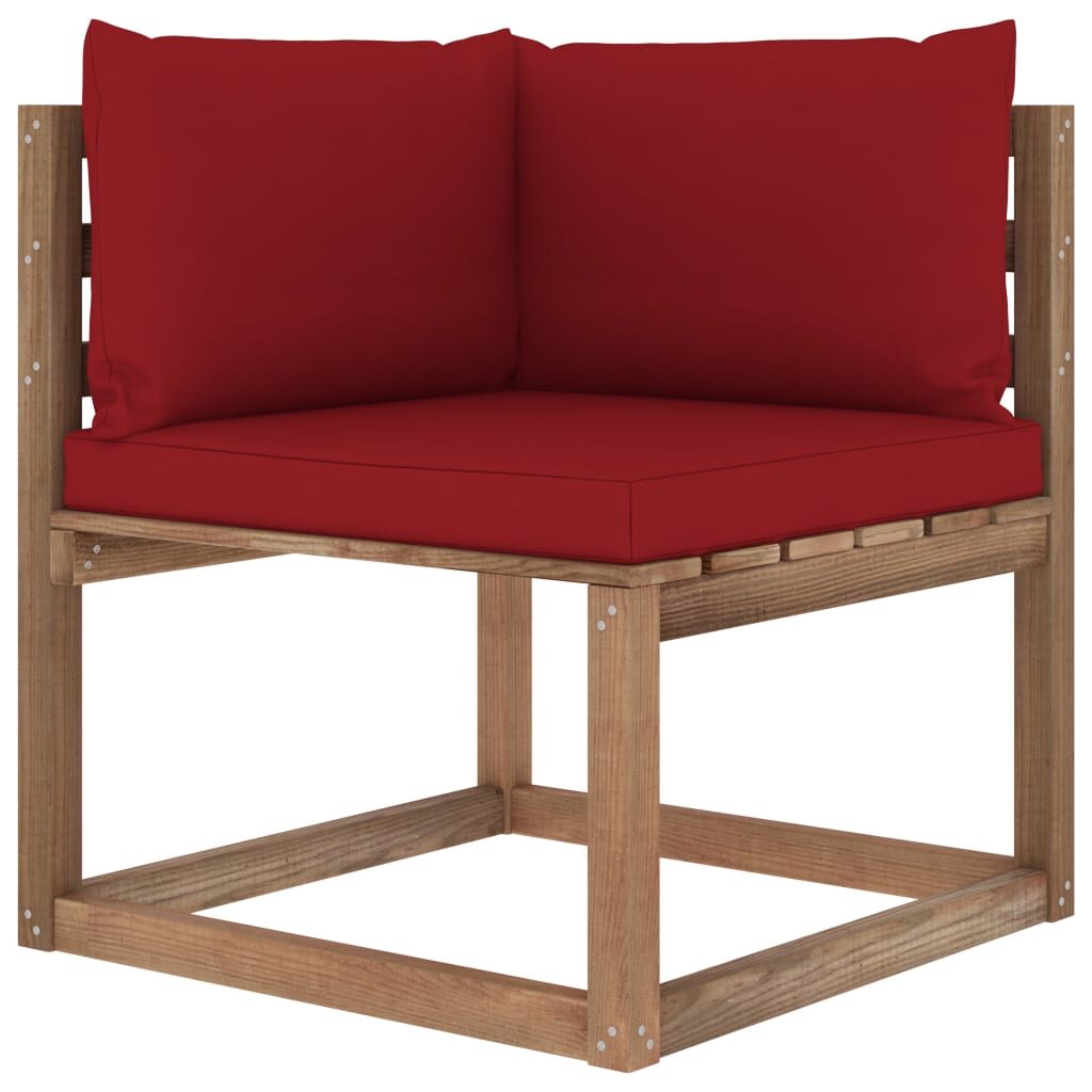 Grande - Kampinė sodo sofa iš palečių su vyno raudonomis pagalvėlėmis