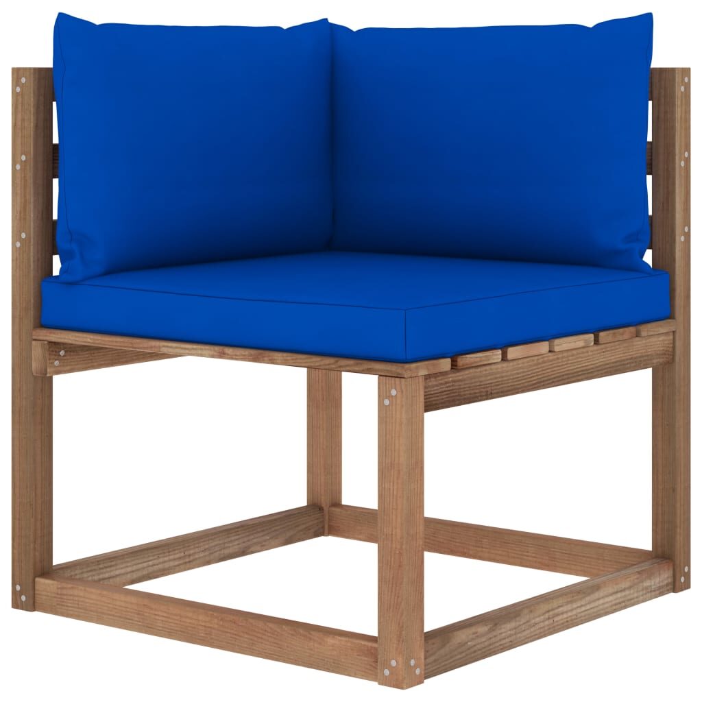 Grande - Kampinė sodo sofa iš palečių su mėlynomis pagalvėlėmis