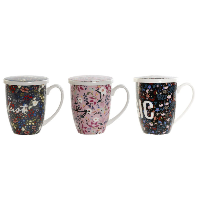 Puodelis su arbatos filtru Home Decor Porcelianas Juoda Rožinė Nerūdijantis plienas (12 x 8.3 x 11 cm) (3 vnt.) (380 ml)
